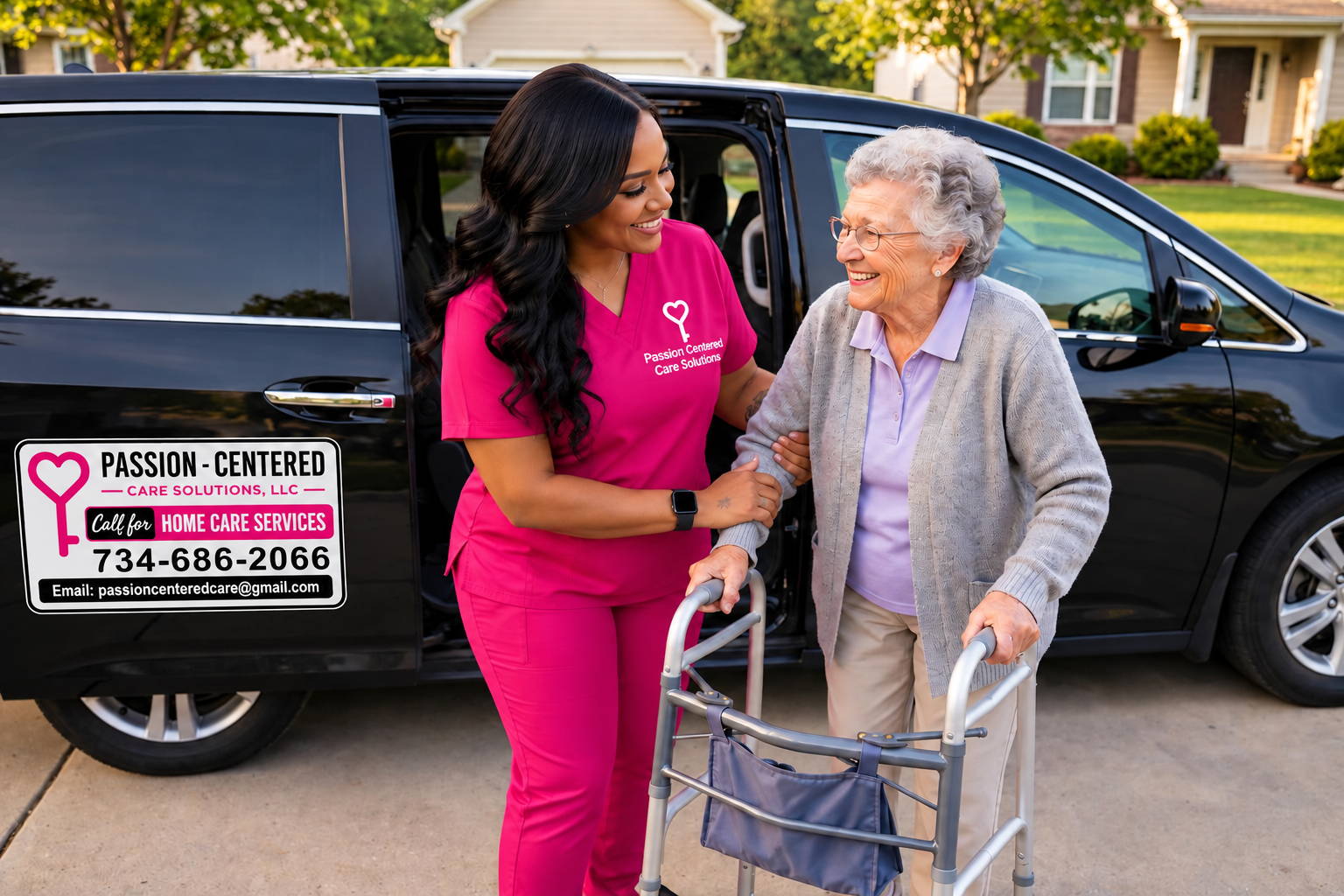 A caregiver in pink Passion Centered Care Solutions scrubs assisting an older adult with a walker beside the company vehicle